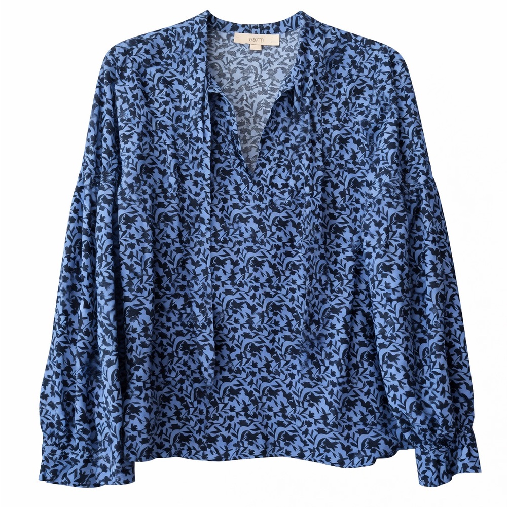 Loft long sleeve tie-neck floral blouse blue size PM petite medium